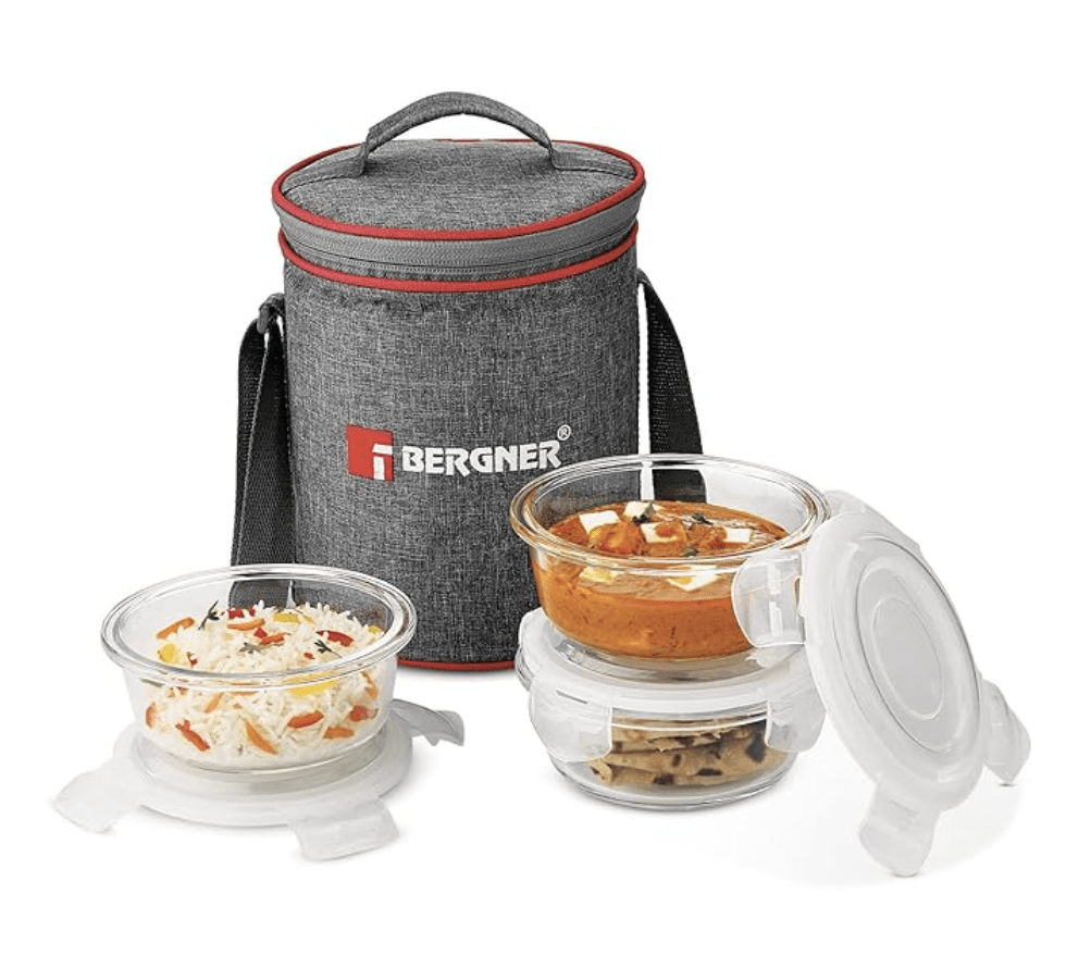 BERGNER Fresh Lunch Premium 3 Pcs Lunch Box Set - Microwave Safe and Leak Proof 3 Glass Containers (400ml Each) with BPA Free Lids, Fabric Bag with Shoulder Strap, Dishwasher Safe - Transparent/Grey