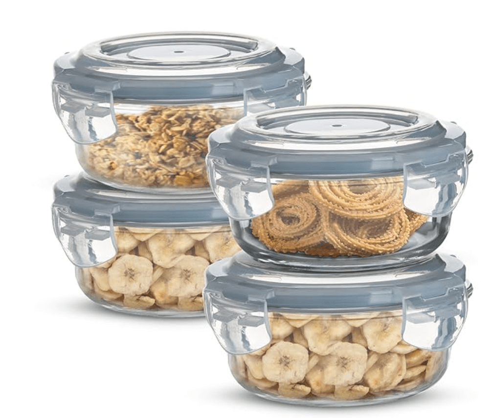 சமையலறைக்கான பெர்க்னர் போரோசிலிகேட் கண்ணாடி பக்கவாட்டு பூட்டு வட்ட சேமிப்பு கொள்கலன், காற்று புகாத மற்றும் கசிவு இல்லாத மூடி, BPA இல்லாதது, மைக்ரோவேவ் மற்றும் ஓவன் பாதுகாப்பானது, நீக்கக்கூடிய சிலிகான் ஐஸ் ப்ளூ கேஸ்கெட், ஒவ்வொன்றும் 400 மில்லி (4 தொகுப்பு)