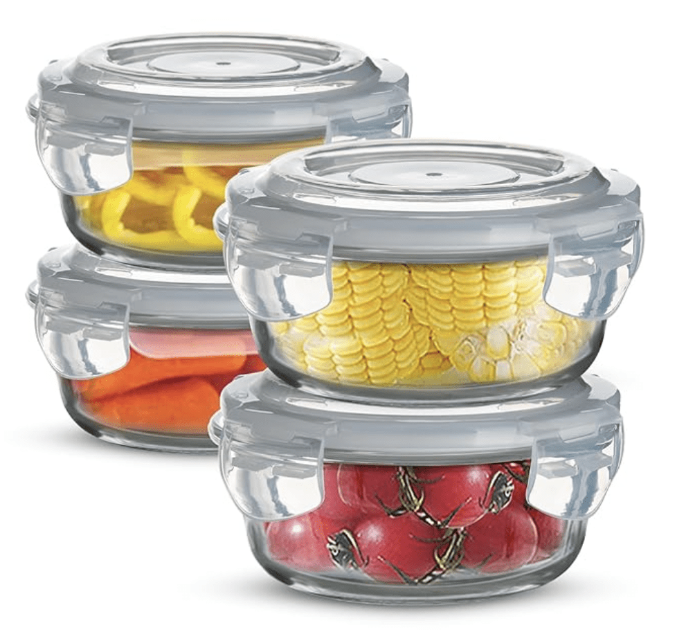 சமையலறைக்கான BERGNER போரோசிலிகேட் கண்ணாடி பக்கவாட்டு பூட்டு வட்ட சேமிப்பு கொள்கலன், காற்று புகாத மற்றும் கசிவு இல்லாத மூடி, BPA இல்லாதது, மைக்ரோவேவ் மற்றும் ஓவன் பாதுகாப்பானது, நீக்கக்கூடிய சிலிகான் வெள்ளை கேஸ்கெட், ஒவ்வொன்றும் 400 மில்லி (4 தொகுப்பு)