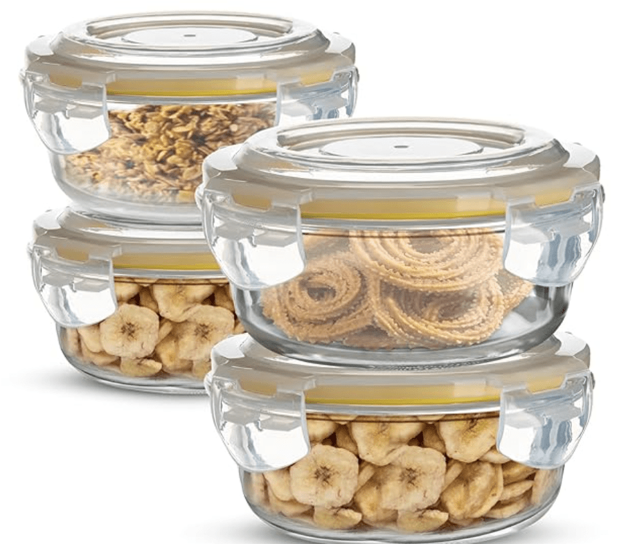 சமையலறைக்கான BERGNER போரோசிலிகேட் கண்ணாடி பக்கவாட்டு பூட்டு வட்ட சேமிப்பு கொள்கலன், காற்று புகாத மற்றும் கசிவு இல்லாத மூடி, BPA இல்லாதது, மைக்ரோவேவ் மற்றும் ஓவன் பாதுகாப்பானது, நீக்கக்கூடிய சிலிகான் மஞ்சள் கேஸ்கெட், ஒவ்வொன்றும் 400 மில்லி (4 தொகுப்பு)