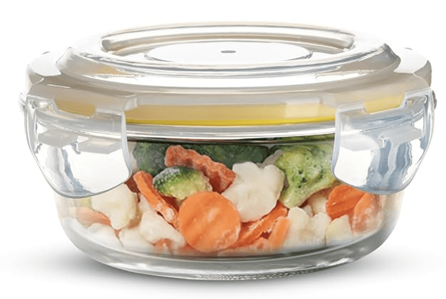 சமையலறைக்கான BERGNER போரோசிலிகேட் கண்ணாடி பக்கவாட்டு பூட்டு வட்ட சேமிப்பு கொள்கலன், காற்று புகாத மற்றும் கசிவு இல்லாத மூடி, BPA இல்லாதது, மைக்ரோவேவ் மற்றும் ஓவன் பாதுகாப்பானது, நீக்கக்கூடிய சிலிகான் மஞ்சள் கேஸ்கெட் (400 மிலி), வெளிப்படையானது.