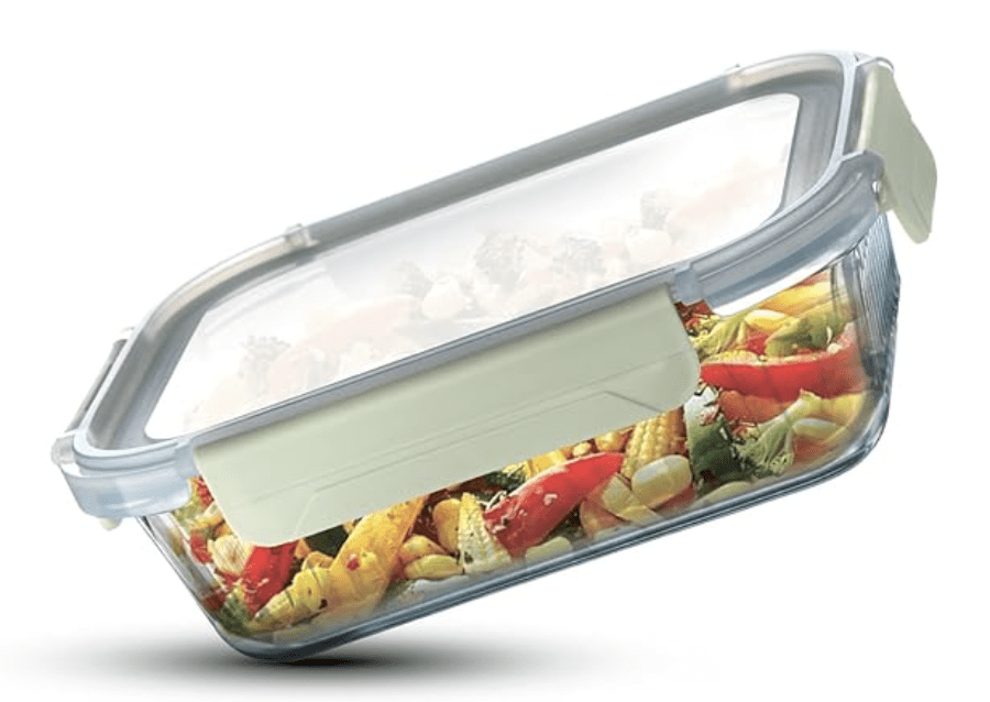 Bergner Smart Lock Borosilicate Rectangular 1.5 L Food Container for Kitchen/Tiffin, Air-Tight Lid with Locking Tabs, Space Saving, Stackable, Microwave & Oven Safe, Food Safe, Dishwasher Safe - Green