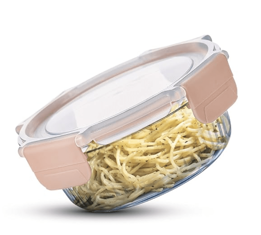 BERGNER Smart Lock Borosilicate Round 620ml Food Container for Kitchen/Tiffin, Air-Tight Lid with Locking Tabs, Space Saving, Stackable, Microwave and Oven Safe, Food Safe, Dishwasher Safe - Pink