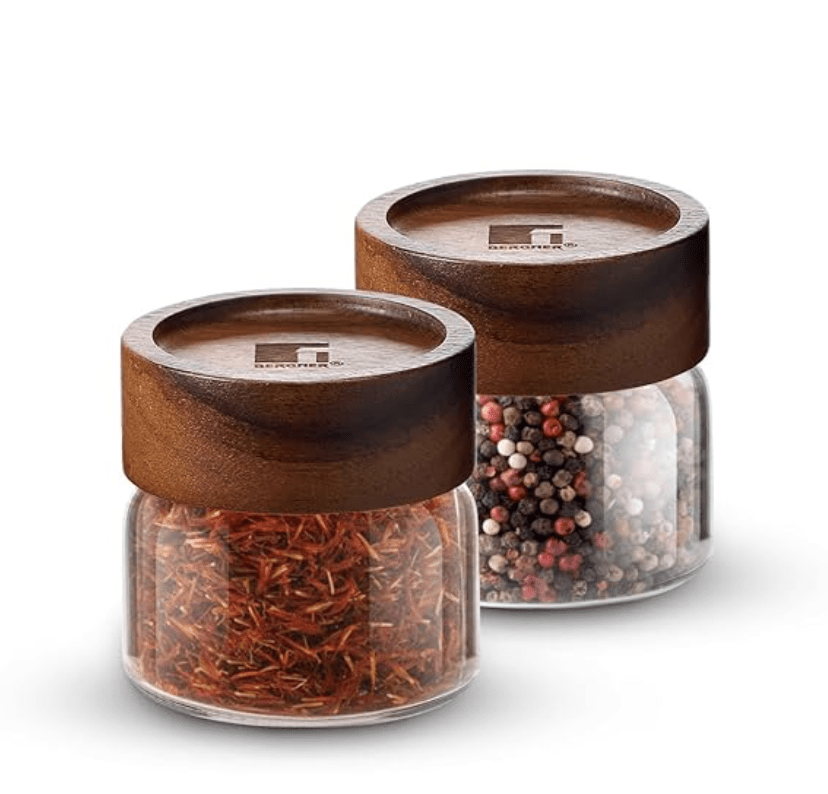 Bergner Acadia Borosilicate Glass Jars with Solid Wood Lid, Set of 2 Jars, 120ml Each, For Storing and Preserving Sugar, Flour, Tea, Coffee, Spices, Biscuits, Oats | Multipurpose Container for Kitchen