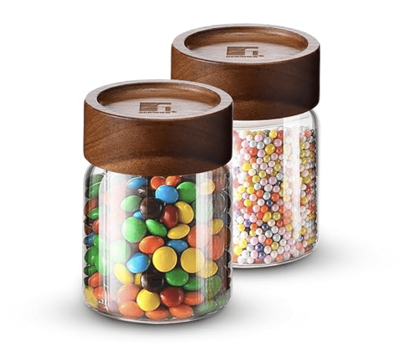 Bergner Acadia Borosilicate Glass Jars with Solid Wood Lid, Set of 2 Jars, 200ml Each, For Storing and Preserving Sugar, Flour, Tea, Coffee, Spices, Biscuits, Oats | Multipurpose Container for Kitchen