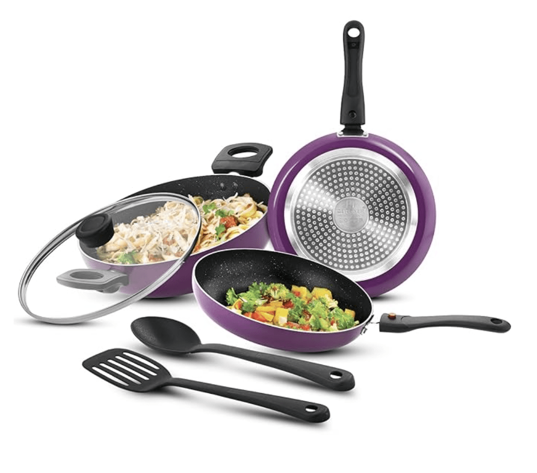 बर्गनर शेरी प्लस नॉन-स्टिक 6 पीस कुकवेयर सेट - 24 सेमी (2.5 लीटर) कढ़ाई का सेट ग्लास ढक्कन के साथ, 24 सेमी (1.6 लीटर) फ्राइंग पैन, 25 सेमी डोसा तवा और 2 नायलॉन स्पैटुला, अलग होने वाला हैंडल (इंडक्शन बॉटम) - बैंगनी
