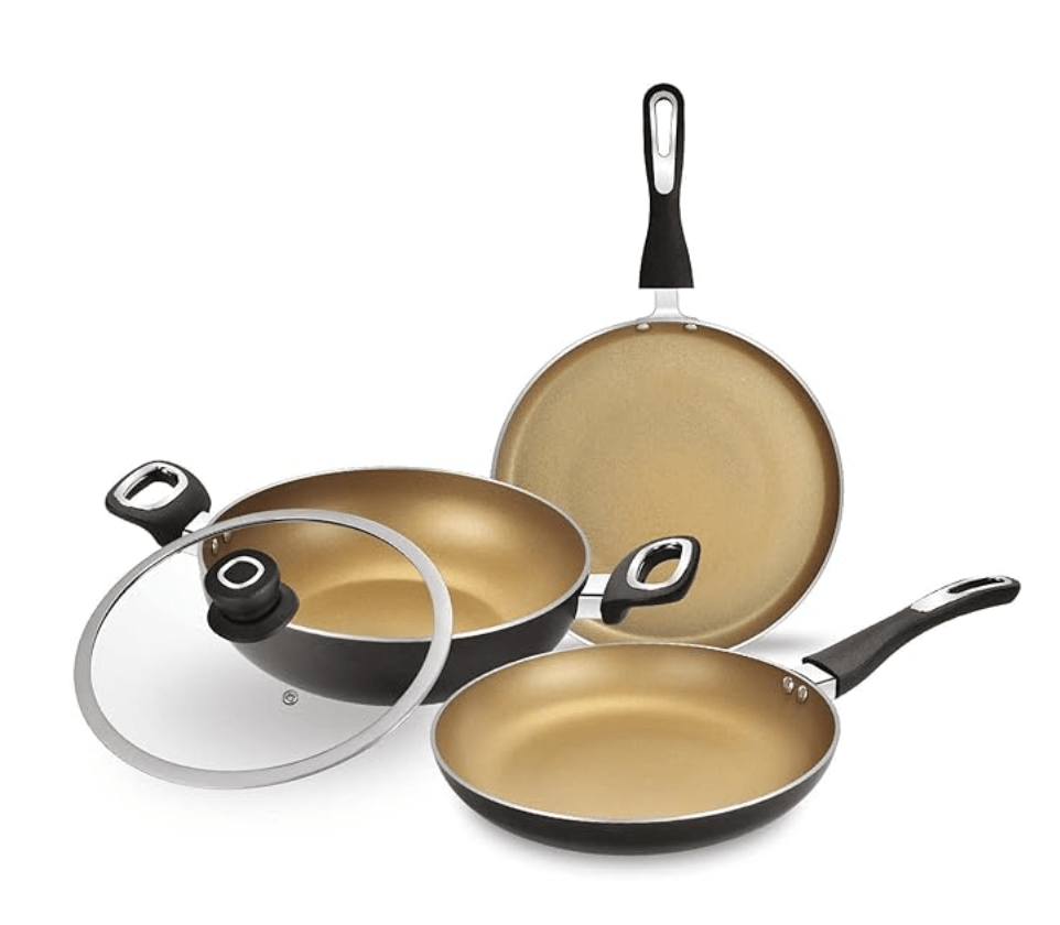 बर्गनर एल्युमीनियम ऑप्टिमम नॉन-स्टिक कुकवेयर सेट 4 पीस - कढ़ाई ग्लास लिड के साथ 24 सेमी 2.5 लीटर, डोसा तवा 28 सेमी, फ्राईपैन 24 सेमी 1.8 लीटर, इंडक्शन कम्पैटिबल, बेकेलाइट हैंडल, Pfoa मुक्त, 1 साल की वारंटी, काला