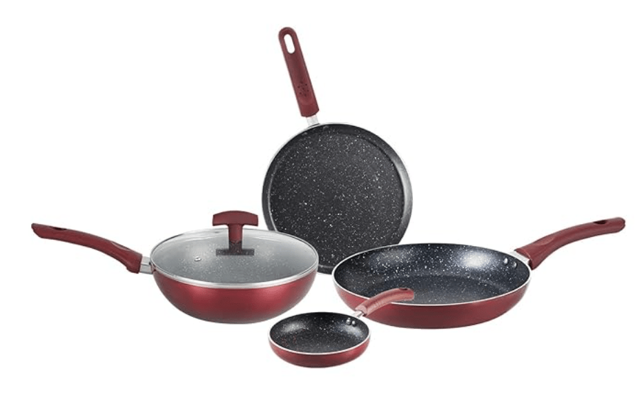 बर्गनर अमरोन 5 पीस इंडक्शन बॉटम कुकवेयर सेट, 24 सेमी (2.4 लीटर) कढ़ाई ग्लास ढक्कन के साथ, 24 सेमी (1.3 लीटर) फ्राई पैन, 25 सेमी तवा, 14 सेमी मिनी पैन, इंडक्शन बेस और गैस स्टोव रेडी - मैरून