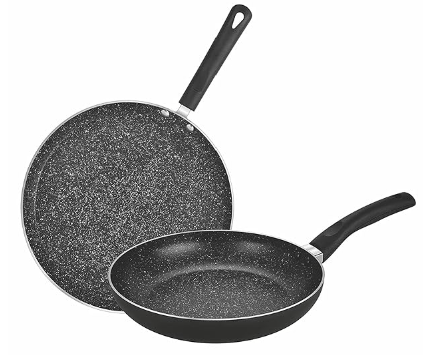 बर्गनर एल्युमीनियम एसेंशियल प्लस नॉन-स्टिक कुकवेयर सेट, 2 पीस (डोसा तवा 28 सेमी, फ्राईपैन 24 सेमी 1.8 लीटर इंडक्शन कम्पैटिबल, बेकेलाइट हैंडल, Pfoa मुक्त, काला)