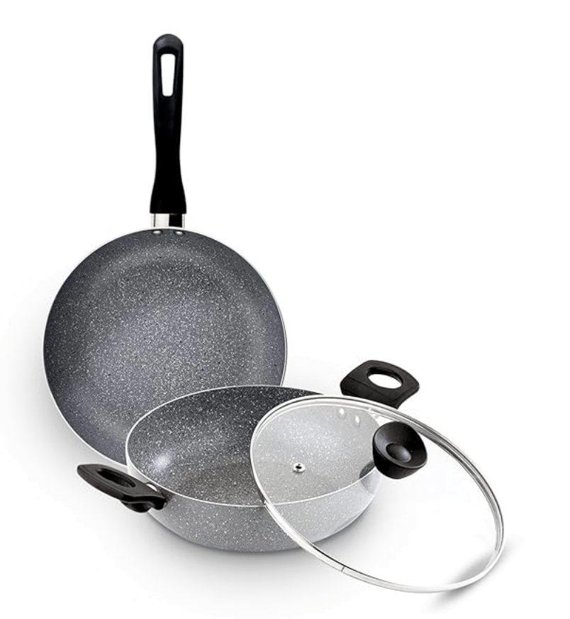 बर्गनर ऑर्किड 3-लेयर नॉन-स्टिक कोटिंग 3 पीस कुकवेयर सेट - 24 सेमी (2.5 लीटर) कढ़ाई ग्लास ढक्कन और 24 सेमी फ्राईपैन के साथ, स्वस्थ खाना पकाने के लिए न्यूनतम तेल - इंडक्शन बॉटम, दिवाली/वर्षगांठ उपहार के लिए