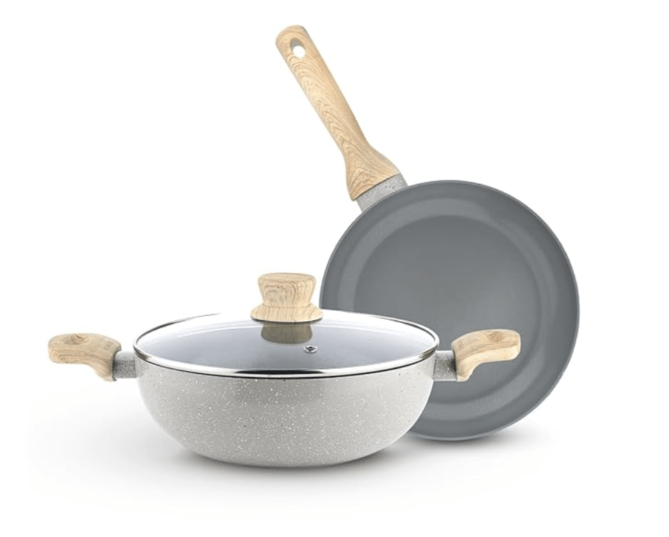 Bergner Terra Non-Stick 3 Pcs Cookware Set - 24cm (2.5 L) Kadai with Glass Lid and 24cm Frypan, Ceramic Coating, Even Heat Distribution, PFOA Free - Induction Bottom, Diwali/Anniversary Gifting (Grey)