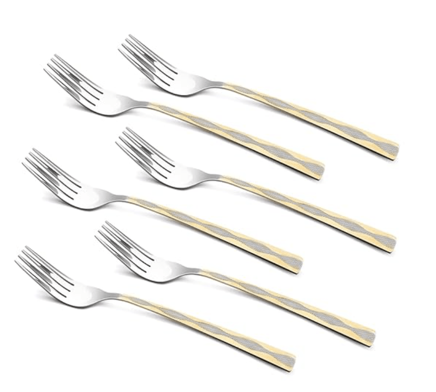 Bergner BE Essentials Tosca Stainless Steel 6 Pcs Baby Fork Set, 15.7cm Long Fork, 24k Gold Plating Premium Baby Forks, Food Grade Safe, Easy to Clean, 1.8mm Thickness - Silver/Golden
