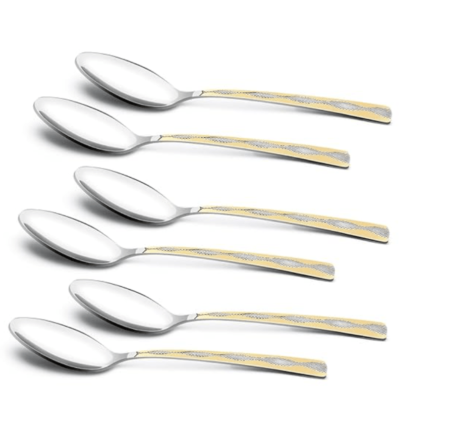 பெர்க்னர் பிஇ எசென்ஷியல்ஸ் டோஸ்கா ஸ்டெயின்லெஸ் ஸ்டீல் 6 பிசிக்கள் ஸ்பைஸ் ஸ்பூன் செட், 15.7 செ.மீ நீள ஸ்பூன், 24 கே கோல்ட் பிளேட்டிங் பிரீமியம் ஸ்பைஸ் ஸ்பூன், உணவு தர பாதுகாப்பானது, சுத்தம் செய்ய எளிதானது, 1.5 மிமீ தடிமன் - வெள்ளி/கோல்டன்