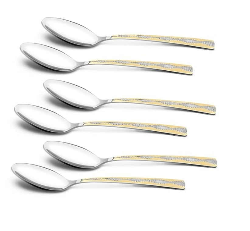Bergner BE Essentials Tosca Stainless Steel 6 Pcs Tea Spoon Set, 14cm Long Spoon, 24k Gold Plating Premium Spoons for Home and Kitchen, 6 Pcs Table Spoon Set, 1.6mm Thickness - Silver/Golden