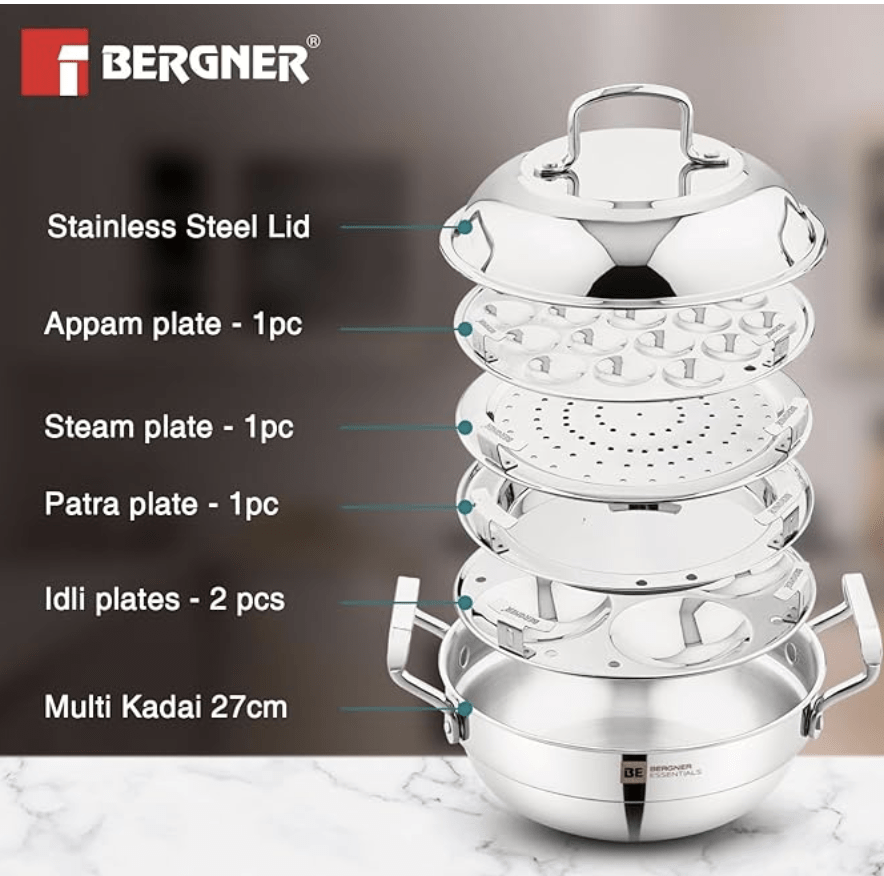 Bergner BE Bergner Essentials Triply Stainless Steel 21cm Multi Kadai - 2 Pcs Idli Plates, 1 Pc Appam Plate with 19 Cavities, 1 Pc Patra Plate and 1 Pc Steam Plate, Less Cooking Oil - Induction Bottom