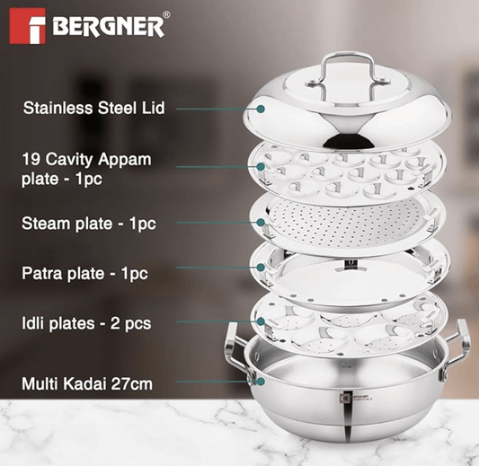 bergner be bergner essentials triply stainless steel 27cm multi kadai 2 pcs idli plates 1 pc appam plate with 19 cavities 1 pc patra plate and 1 pc steam plate less cooking oil induction bottom