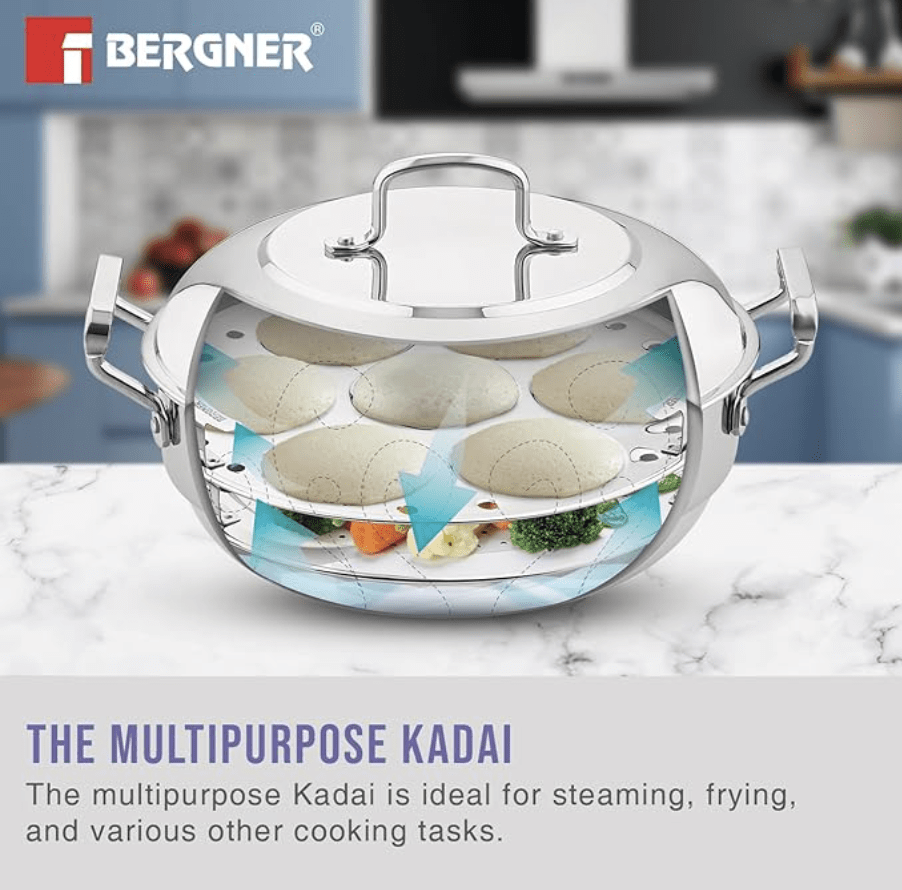 bergner be bergner essentials triply stainless steel 27cm multi kadai 2 pcs idli plates 1 pc appam plate with 19 cavities 1 pc patra plate and 1 pc steam plate less cooking oil induction bottom