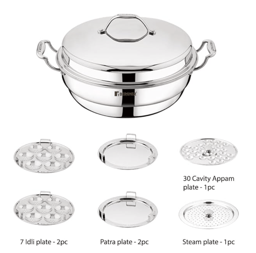 Bergner Argent Triply 28 cm Multi-Kadai, 6.1 L, Stainless Steel Lid & 6X Plate, for Appam/Idli/Modak/Sundal/Momo/, Cool Handles, Induction & Gas Ready, 5-Year Warranty by Bergner