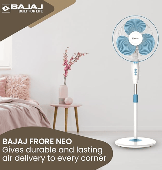 Bajaj Frore Neo 400 MM Oscillating Pedestal Fan for Home | Aerodynamically Balanced Blades | 100% CopperMotor | HighAir Delivery | 3-Speed Control | Rust Free | 2-Yr Warranty 【Blue】