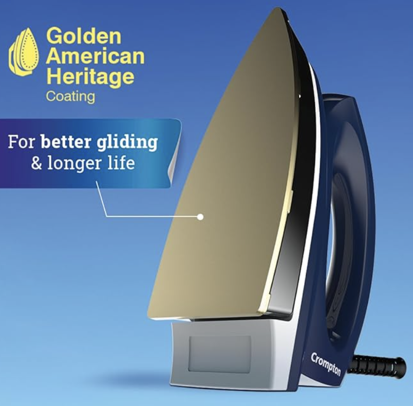 Crompton Greaves Rhino Plus 1250 Watt Blue Heavy weight Dry Iron with Golden American Heritage Coating, Large (ACGEI-RHINOPLUS)