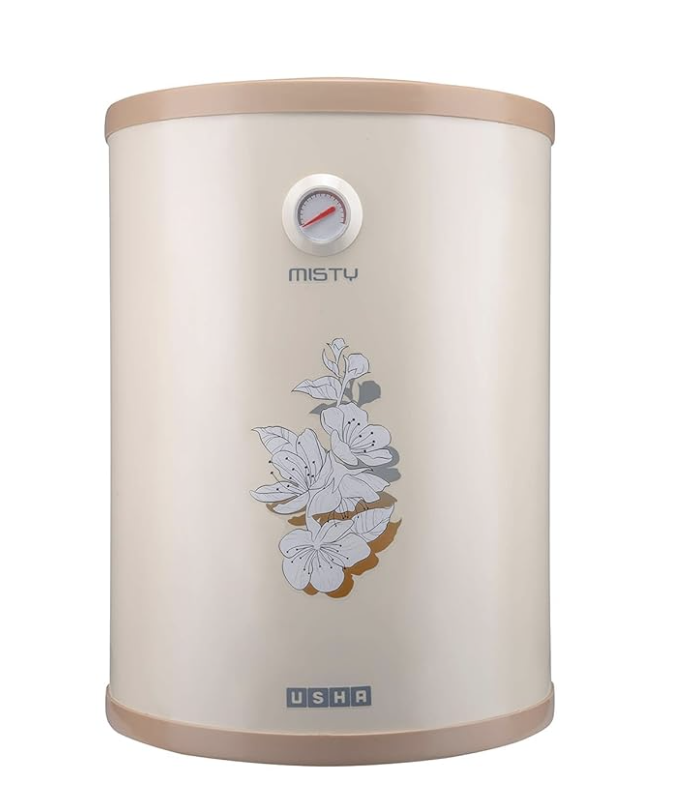 उषा मिस्टी स्टोरेज 15 लीटर 2000 वाट वर्टिकल वॉटर हीटर 5 स्टार (आइवरी गोल्ड)
