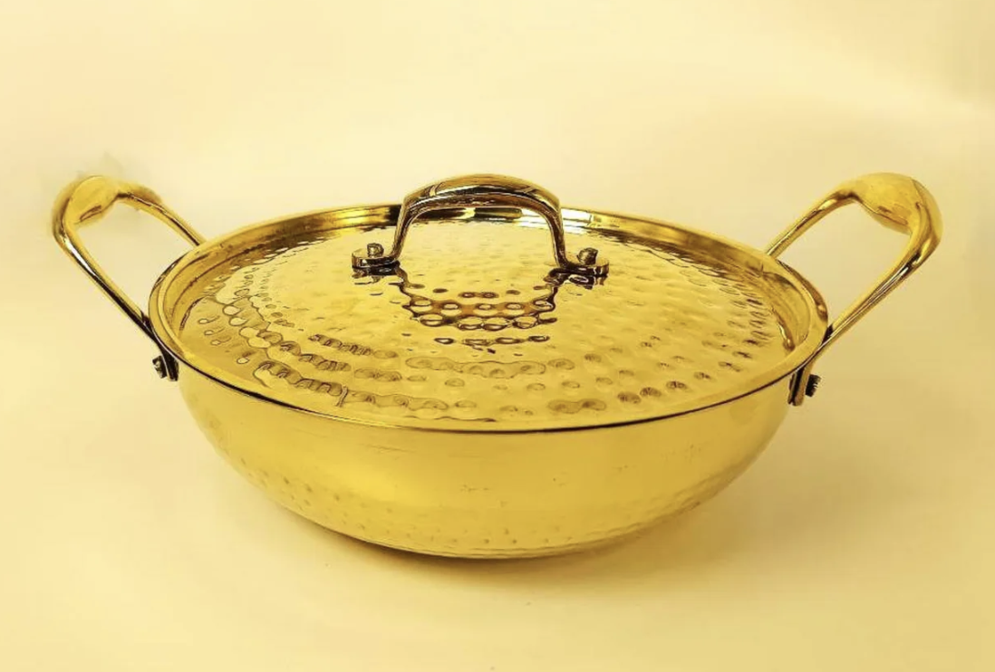 1.5 Liter Pure Brass Hammered Kadai / Kadhai with Tin Coating Inner Side | Kalai | with Lid.