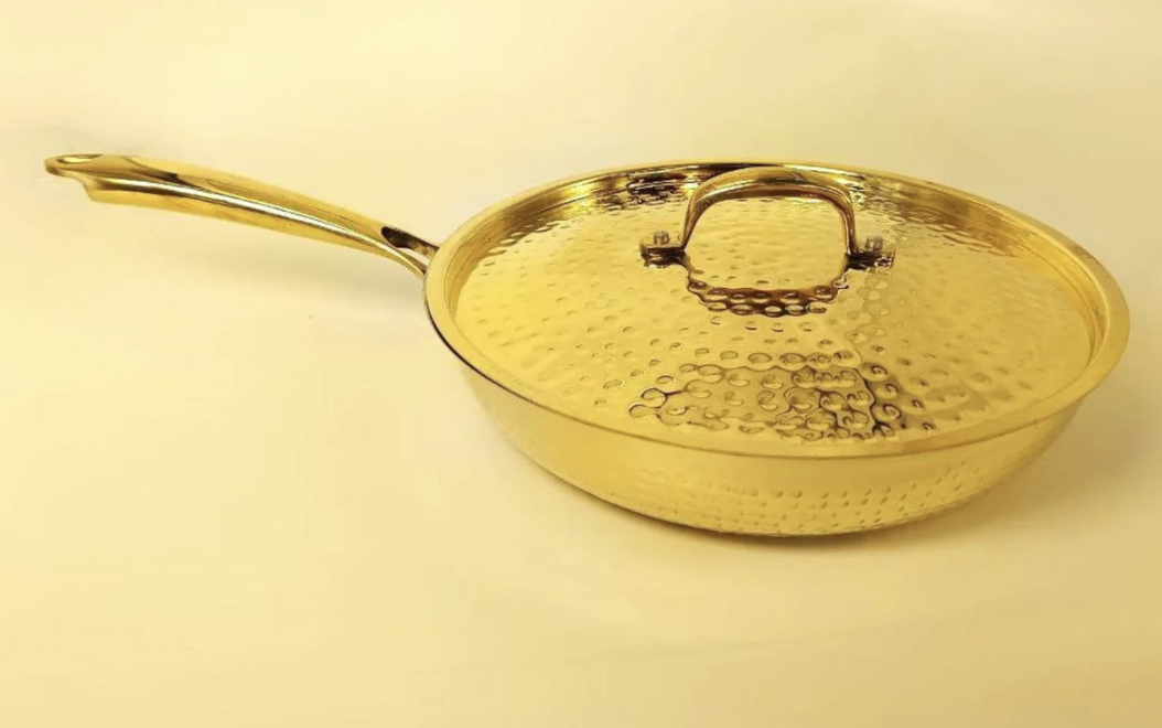 1.5 Liter Pure Brass Hammered Frying Pan with Tin Coating Inner Side | Kalai | with Lid.
