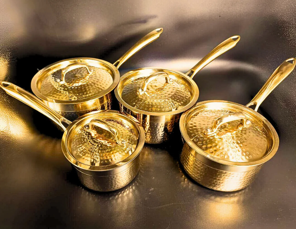 Set of 4 (1, 1.5, 2 & 2.5 Liter) Pure Brass Saucepan Hammered with Tin Coating Inner Side | Kalai | with Lid.