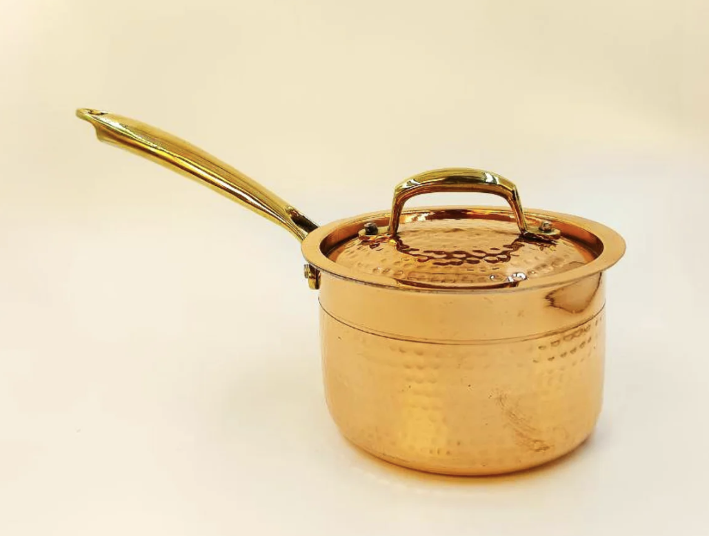 2.5 liter Pure Copper Saucepan Hammered with Tin Coating Inner Side | Kalai | with Lid.