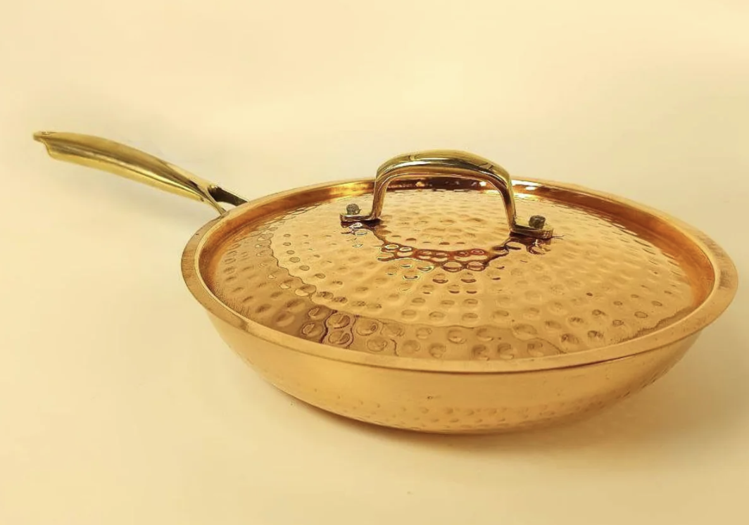1.5 Liter Pure Copper Hammered Frying Pan with Tin Coating Inner Side | Kalai | with Lid.