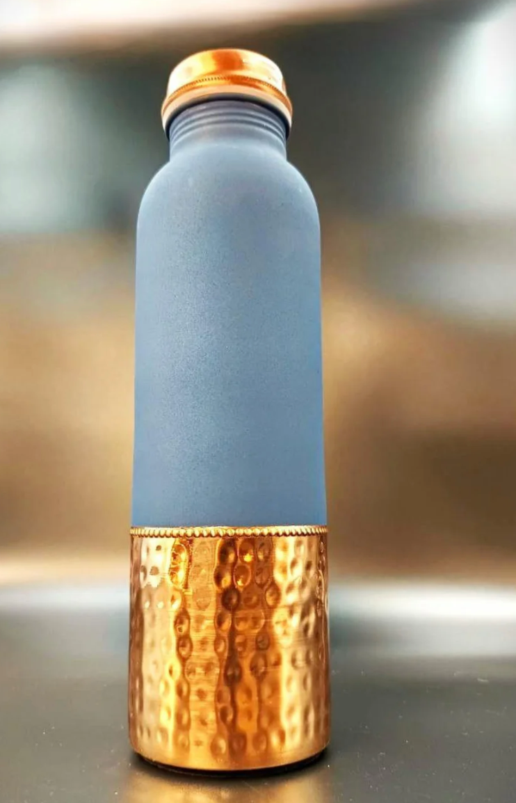 Pure Copper Water Bottle Blue with Half Hammered 900 ML