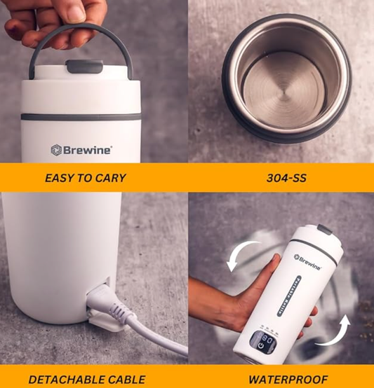 Brewine Plastic Portable Kettle,450ML,Grey, Multi-Temp-Setting,Auto Cut-Off, Digital Display,Touch Button,Wide Voltage Range 110-230V Suitable For India, USA & Canada,300 Watt