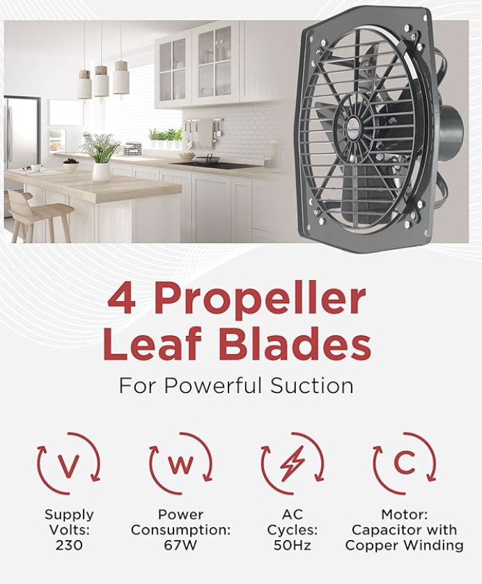 Almonard Exhaust Fan 12 Inch (305mm) - Medium Duty High Speed Exhaust Fan for Kitchen with 4 Leaf Blades, 1300 RPM, Motor Capacitor - Window Mounted Room Exhaust Fan, Powerful Suction