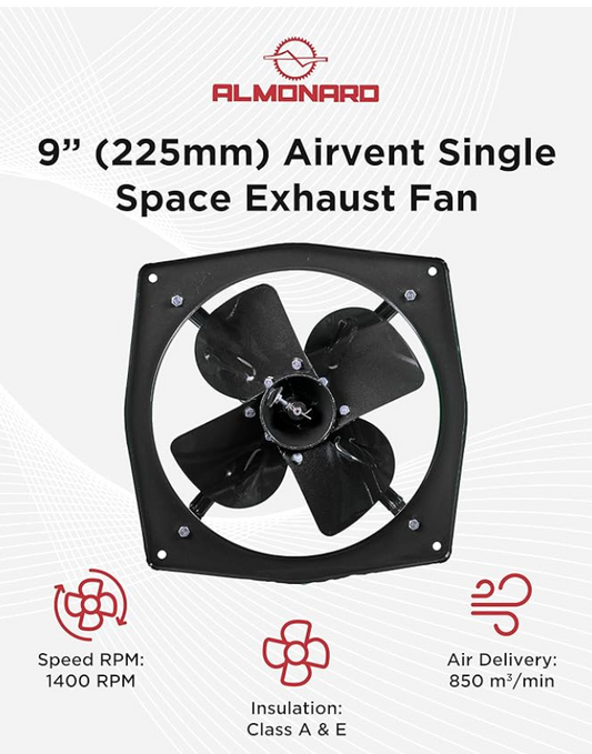 Almonard Exhaust Fan 9 Inch (225mm) - Air Vent Home & Kitchen With 4 Leaf Blades, 1400 RPM, Motor Capacitor, & Dual Ball Bearings - Powerful Suction