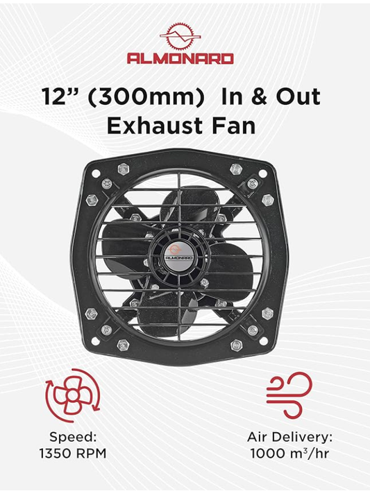 Almonard Exhaust Fan 12 Inch (300mm) - Reversible In & Out 2 Way for Bedroom & Kitchen With 4 Leaf Blades, 1350 RPM, Motor Capacitor - Window & Wall Mounted 300mm