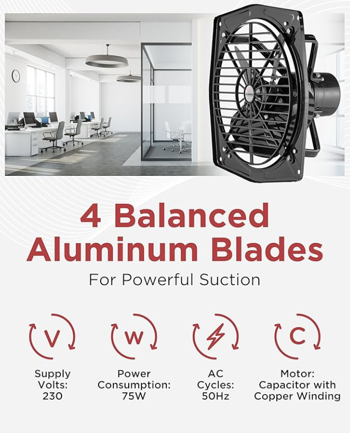 Almonard Exhaust Fan 12 Inch (300mm) - Reversible In & Out 2 Way for Bedroom & Kitchen With 4 Leaf Blades, 1350 RPM, Motor Capacitor - Window & Wall Mounted 300mm