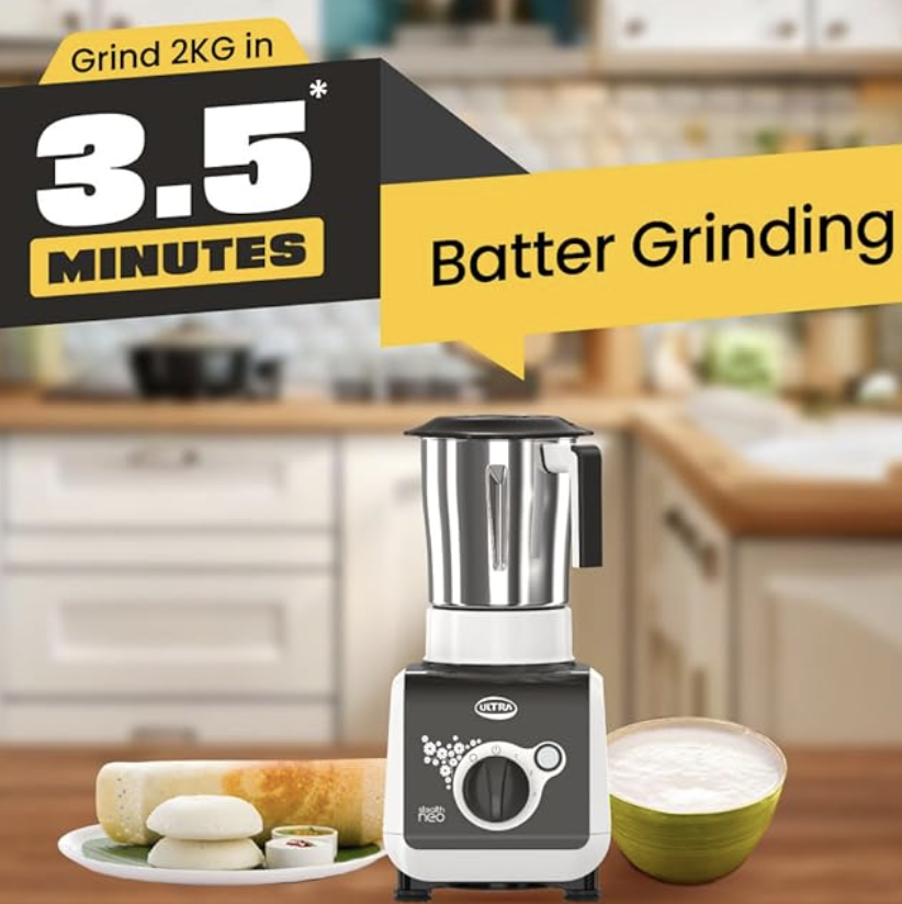 ULTRA Stealth neo MixerGrinder,750W,AISI304 Food Grade SS Jars &Blades,Serrated Stainless Steel Blades,Lesser noise,ABS Body,3Jars Small (0.5L),Medium (0.8L), Large(1.5L), 5Year Motor Warranty