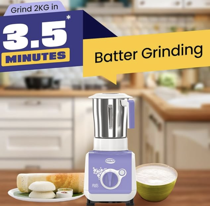 ULTRA Stealth neo MixerGrinder,750W,AISI304 Food Grade SS Jars &Blades,Serrated Stainless Steel Blades,Lesser noise,ABS Body,3Jars Small (0.5L),Medium (0.8L), Large(1.5L), 5Year Motor Warranty