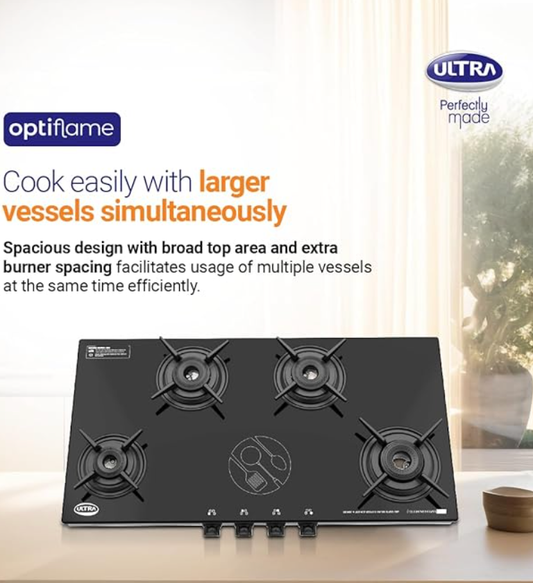 अल्ट्रा ऑप्टिफ्लेम 70%+ कुशल ग्लास टॉप गैस स्टोव 4 फोर्ज्ड पीतल बर्नर, बर्नर पर 10 साल की वारंटी, मैनुअल इग्निशन, आईएसआई प्रमाणित। आसान सफाई के लिए अद्वितीय पैन सपोर्ट और बर्नर लॉकिंग, विशाल डिज़ाइन।