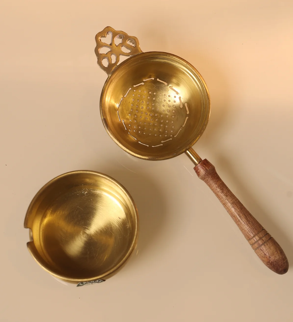 Antique Gold Brass Tea Strainer with Wooden Handle & Base Bowl
