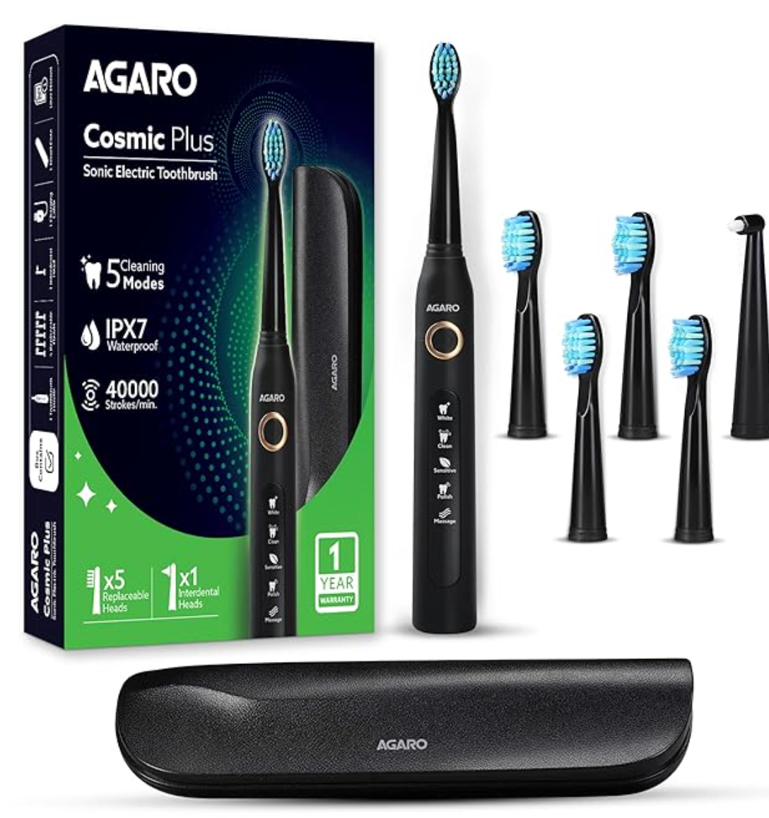 AGARO COSMIC PLUS Sonic Electric Tooth Brush For Adults With 5 Modes, 5 Brush Heads, 1 Interdental Head, Carry Case & Rechargeable With 4 Hours Charge Lasting Up To 25 Days, Power Toothbrush, (Black)
