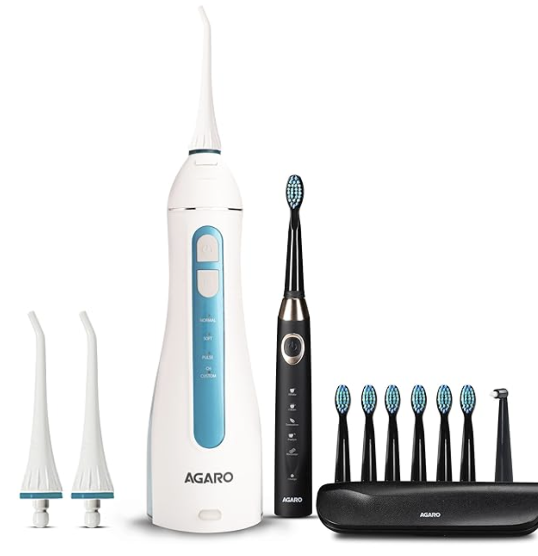 AGARO Cosmic Max Sonic Tooth Brush Black & Ultra Portable Oral Irigator 200 ML White & Blue, Combo