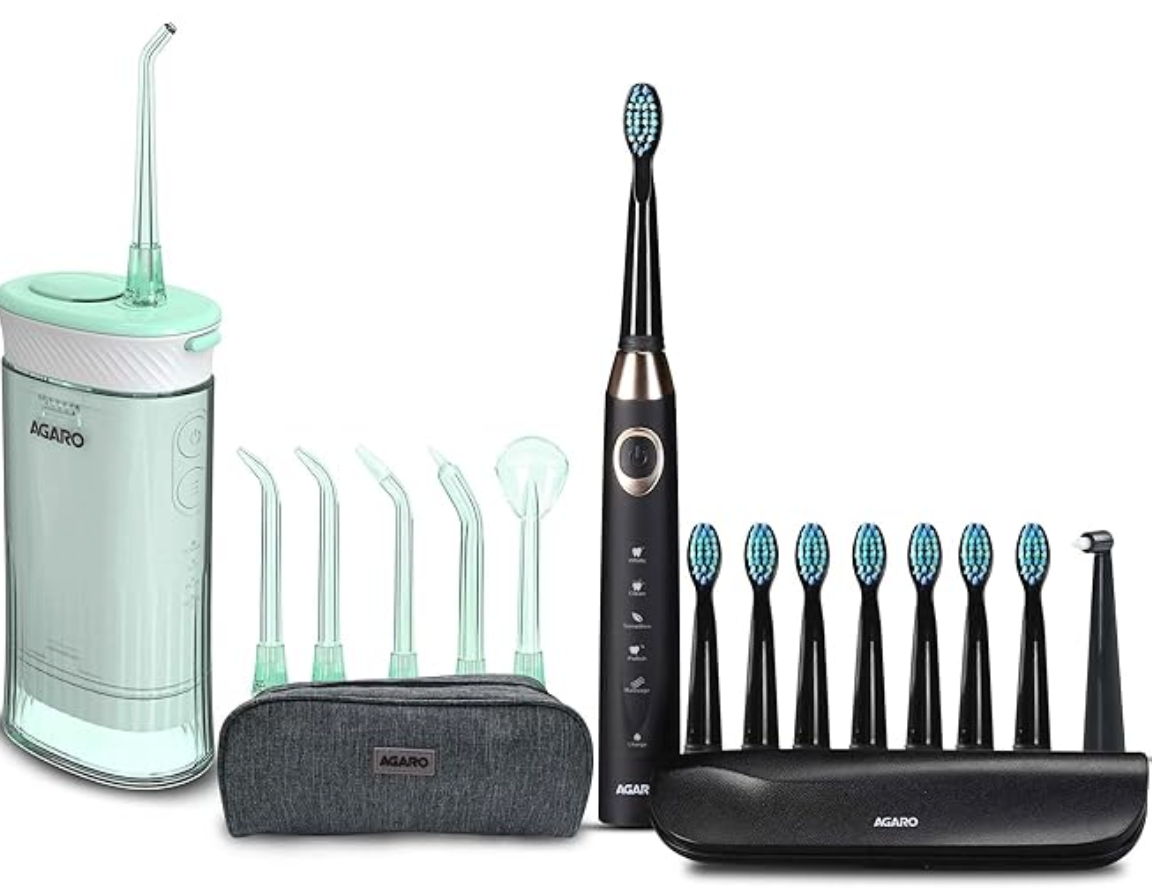 AGARO Cosmic Max Sonic Toothbrush Black & Ultra Travel Portable Oral Irigator 180 ML Black, Combo