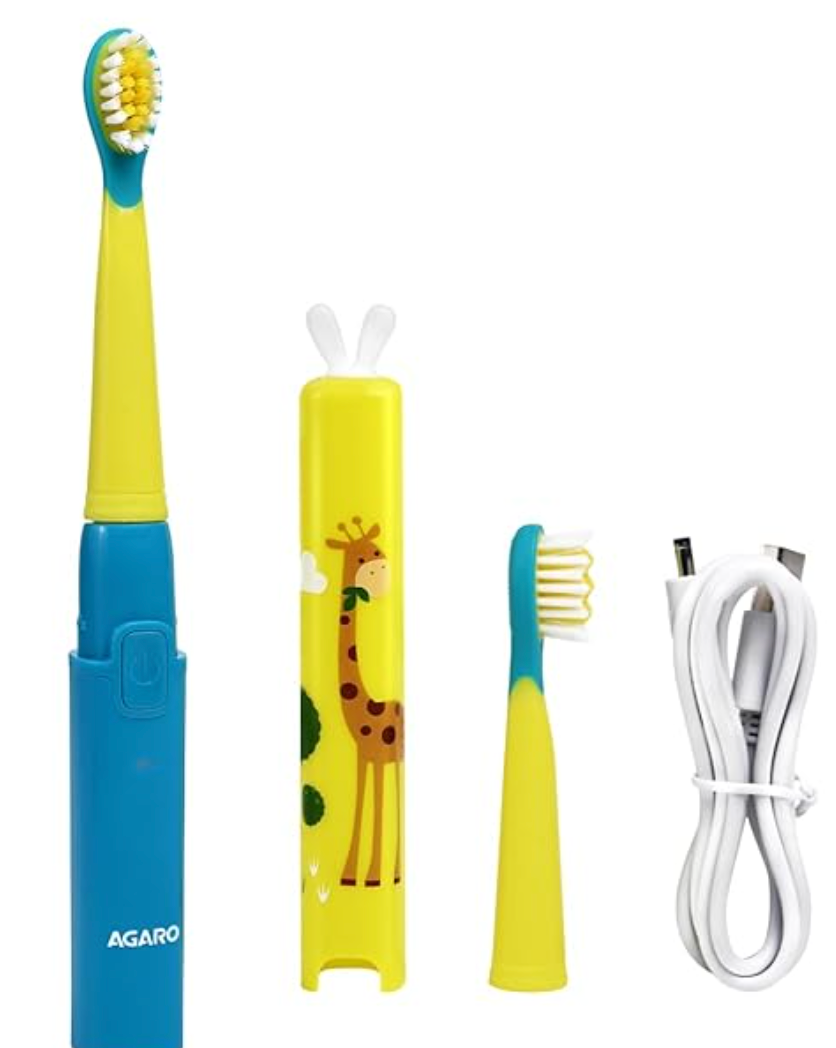 AGARO REX Sonic Kids Electric Toothbrush, 3 Brushing Modes, 2 Brush Heads, 38000 Strokes/Min, IPX7 Water Resistant, Soft Bristles, Rechargeable Battery Lasts Up To 21 Days, Power Tooth brush, (Blue)
