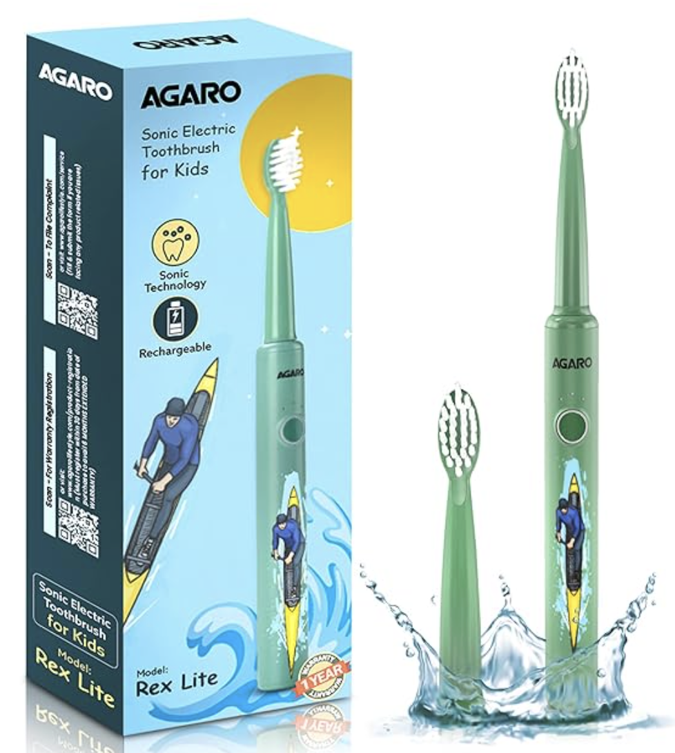 AGARO REX Lite Sonic Electric Kids Toothbrush with 3 Brushing Modes, 19000 Strokes per minute, Dupont Soft Nylon Bristles, Rechargeable Battery, Power Tooth Brush, Repleacble Heads