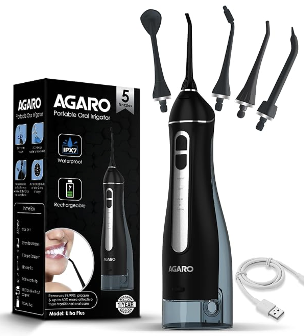 AGARO Ultra Plus Dental Flosser for teeth, Portable, Cordless & Rechargeable, 4 Cleaning Modes, IPX7 Waterproof, 300ml Water Tank, Flossing at Home & Travel, Oral Flosser, Oral Irrigator Black