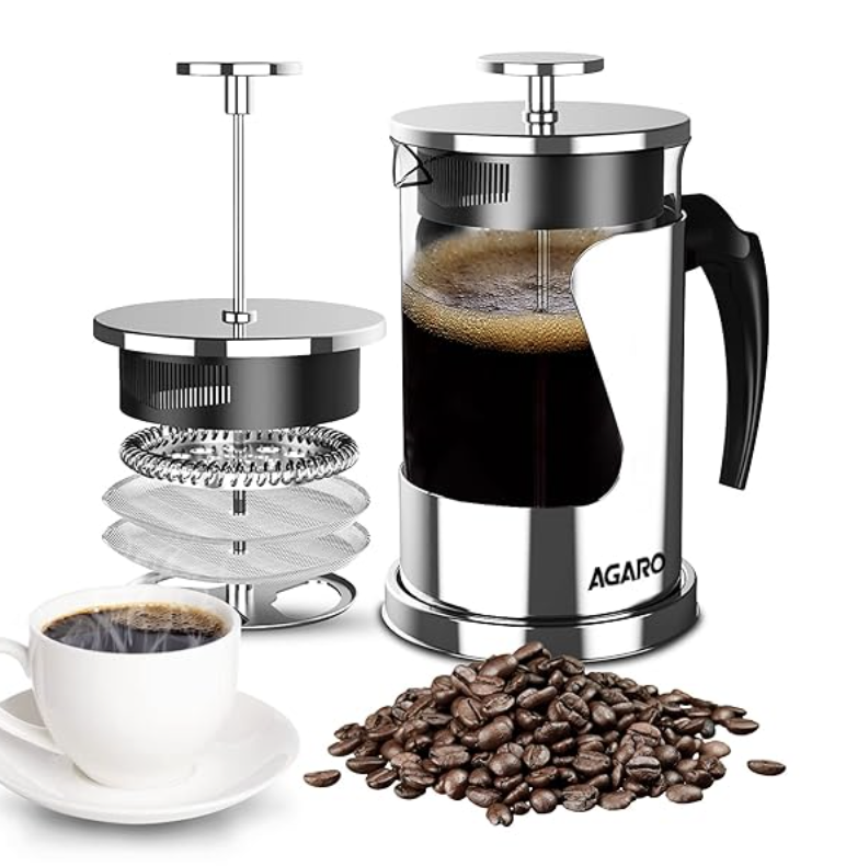 AGARO क्रिस्टल फ्रेंच प्रेस कॉफ़ी मेकर, 600 मिली, 4 लेवल फ़िल्ट्रेशन सिस्टम, 304 ग्रेड स्टेनलेस स्टील-हीट रेसिस्टेंट बोरोसिलिकेट ग्लास, सिल्वर