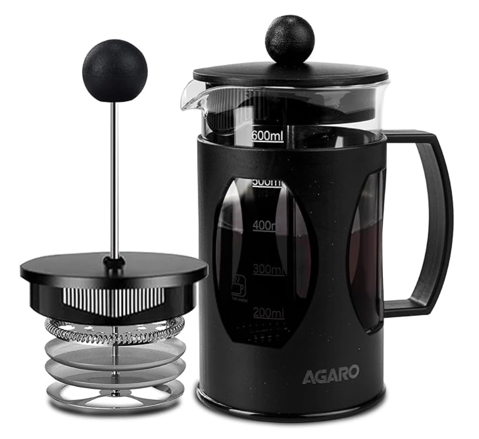 AGARO एलीट फ्रेंच प्रेस कॉफ़ी और चाय मेकर, स्लीव्स के साथ बोरोसिलिकेट ग्लास बॉडी, ग्लास कैरफ़, BPA मुक्त प्लास्टिक ढक्कन स्ट्रेनर, 600ml