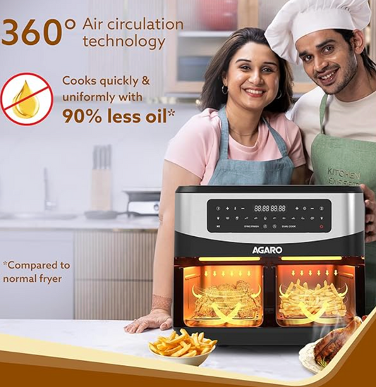 AGARO Imperial Dual Basket Digital Air Fryer, 9L Capacity (4.5L x 2), 10 Preset Cooking Modes, 360 Degree Air Circulation, Convection, Digital Display, 2400W, Bake, Roast, Toast & Dehydrate