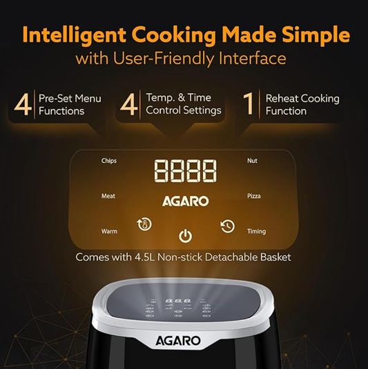 AGARO Galaxy Digital Air Fryer For Home, 4.5L, Electric Air Fryer, Convection Oven, 1400W, 7 Preset Programs & Reheat, 360 Degrees Air Circulation, Digital Touch Display, Bake, Roast, Toast, Black